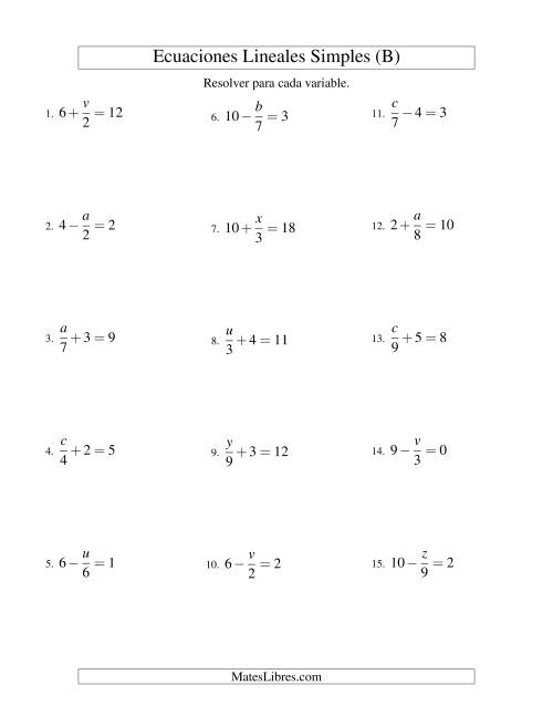 La hoja de ejercicios de Resolver Ecuaciones Lineales de la Forma x/a ± b = c sin Valores Negativos (B)
