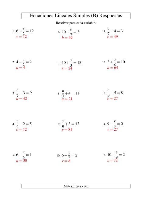 La hoja de ejercicios de Resolver Ecuaciones Lineales de la Forma x/a ± b = c sin Valores Negativos (B) Página 2
