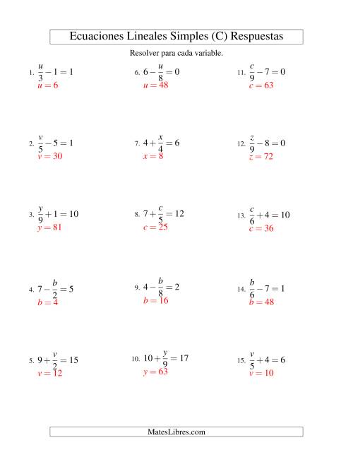 La hoja de ejercicios de Resolver Ecuaciones Lineales de la Forma x/a ± b = c sin Valores Negativos (C) Página 2