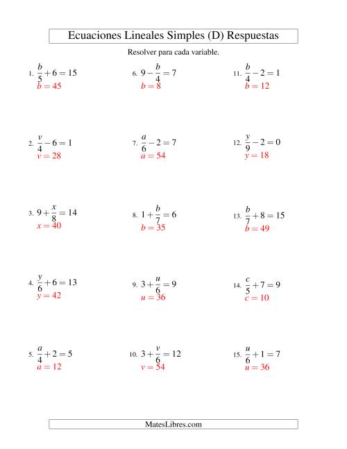 La hoja de ejercicios de Resolver Ecuaciones Lineales de la Forma x/a ± b = c sin Valores Negativos (D) Página 2