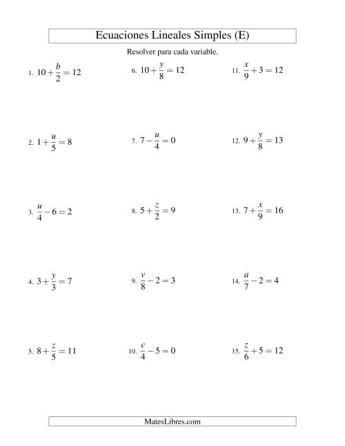 La hoja de ejercicios de Resolver Ecuaciones Lineales de la Forma x/a ± b = c sin Valores Negativos (E)