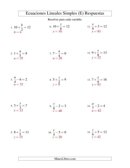 La hoja de ejercicios de Resolver Ecuaciones Lineales de la Forma x/a ± b = c sin Valores Negativos (E) Página 2