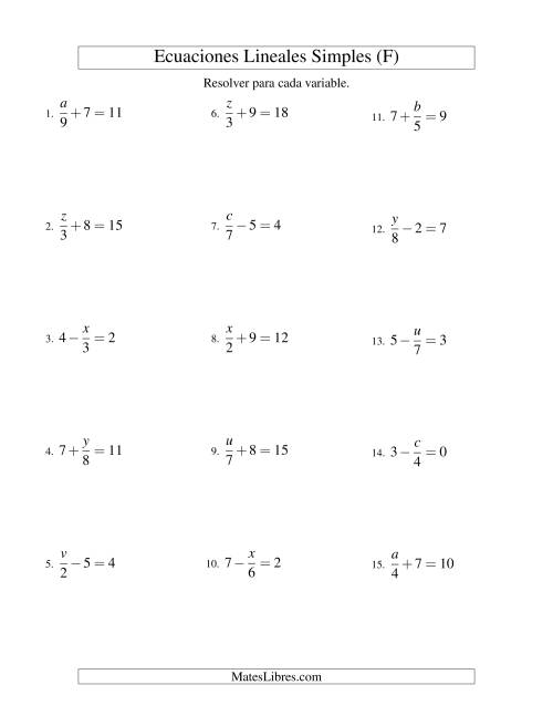 La hoja de ejercicios de Resolver Ecuaciones Lineales de la Forma x/a ± b = c sin Valores Negativos (F)