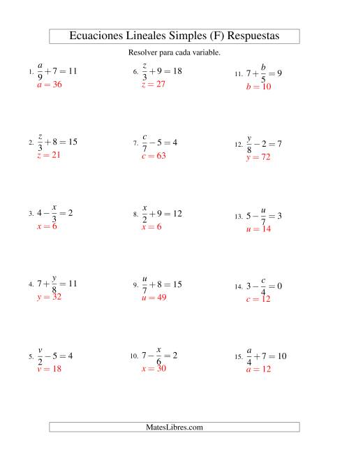 La hoja de ejercicios de Resolver Ecuaciones Lineales de la Forma x/a ± b = c sin Valores Negativos (F) Página 2