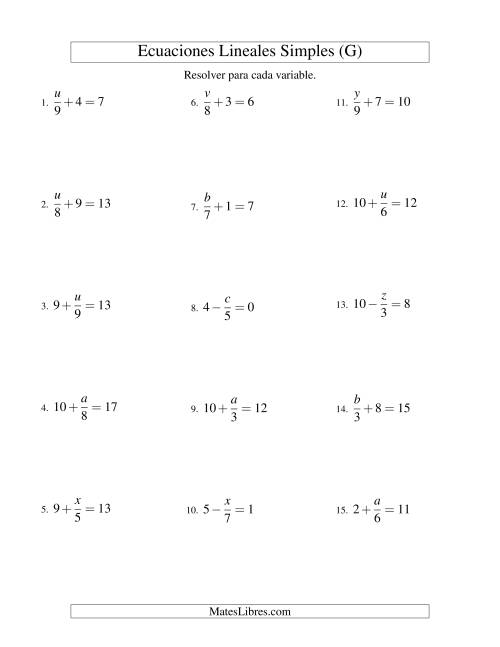 La hoja de ejercicios de Resolver Ecuaciones Lineales de la Forma x/a ± b = c sin Valores Negativos (G)