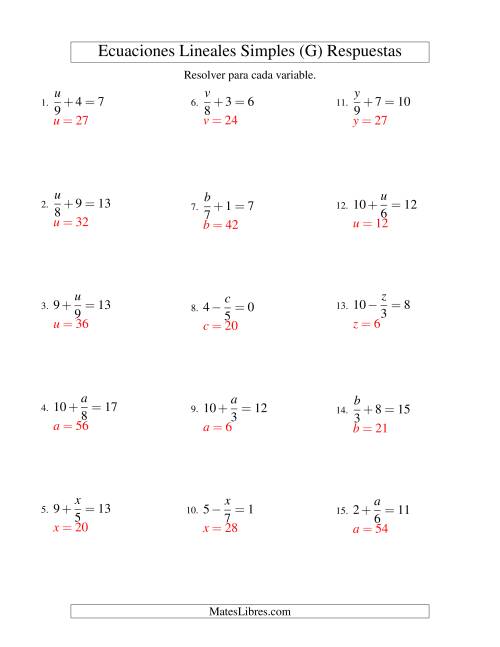 La hoja de ejercicios de Resolver Ecuaciones Lineales de la Forma x/a ± b = c sin Valores Negativos (G) Página 2