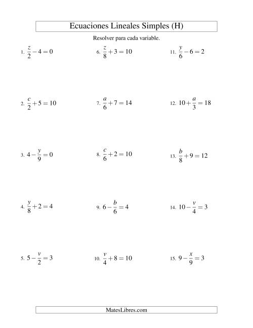 La hoja de ejercicios de Resolver Ecuaciones Lineales de la Forma x/a ± b = c sin Valores Negativos (H)