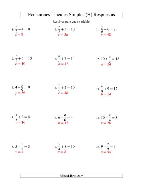 La hoja de ejercicios de Resolver Ecuaciones Lineales de la Forma x/a ± b = c sin Valores Negativos (H) Página 2