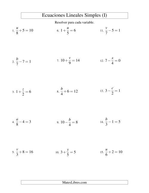 La hoja de ejercicios de Resolver Ecuaciones Lineales de la Forma x/a ± b = c sin Valores Negativos (I)