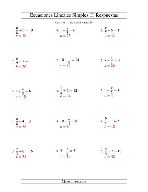 La hoja de ejercicios de Resolver Ecuaciones Lineales de la Forma x/a ± b = c sin Valores Negativos (I) Página 2