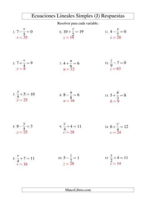 La hoja de ejercicios de Resolver Ecuaciones Lineales de la Forma x/a ± b = c sin Valores Negativos (J) Página 2