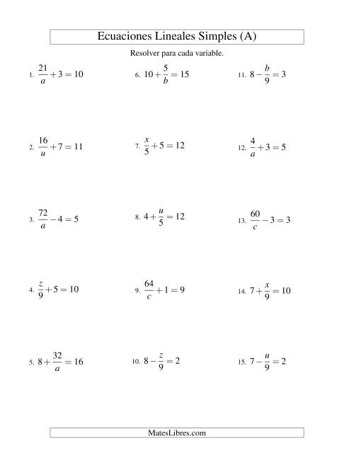 La hoja de ejercicios de Resolver Ecuaciones Lineales de las Formas x/a ± b = c   y   a/x ± b = c sin Valores Negativos (A)