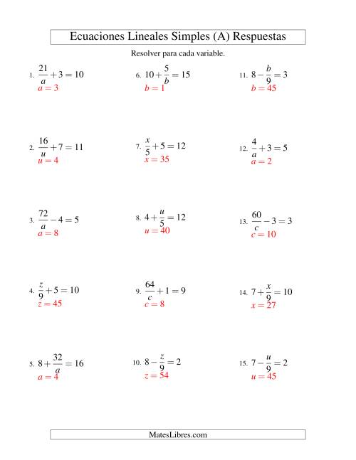 La hoja de ejercicios de Resolver Ecuaciones Lineales de las Formas x/a ± b = c   y   a/x ± b = c sin Valores Negativos (A) Página 2