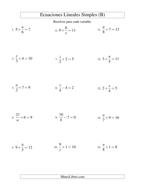 La hoja de ejercicios de Resolver Ecuaciones Lineales de las Formas x/a ± b = c   y   a/x ± b = c sin Valores Negativos (B)