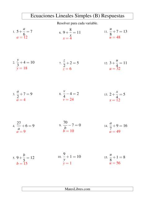 La hoja de ejercicios de Resolver Ecuaciones Lineales de las Formas x/a ± b = c   y   a/x ± b = c sin Valores Negativos (B) Página 2