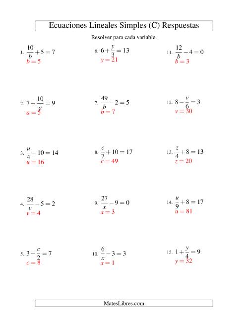 La hoja de ejercicios de Resolver Ecuaciones Lineales de las Formas x/a ± b = c   y   a/x ± b = c sin Valores Negativos (C) Página 2
