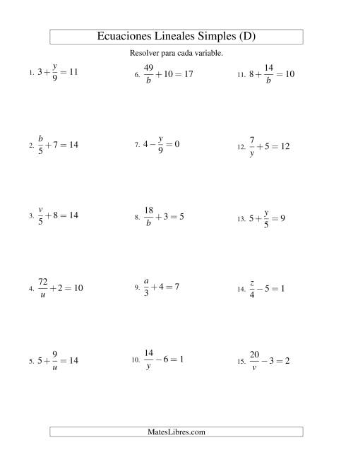 La hoja de ejercicios de Resolver Ecuaciones Lineales de las Formas x/a ± b = c   y   a/x ± b = c sin Valores Negativos (D)