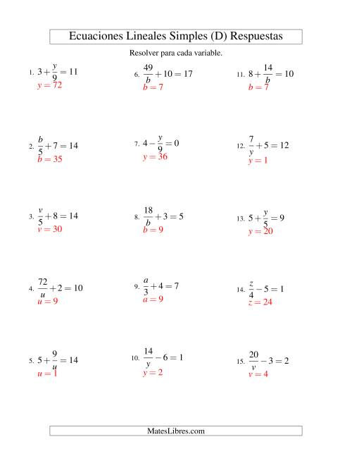 La hoja de ejercicios de Resolver Ecuaciones Lineales de las Formas x/a ± b = c   y   a/x ± b = c sin Valores Negativos (D) Página 2