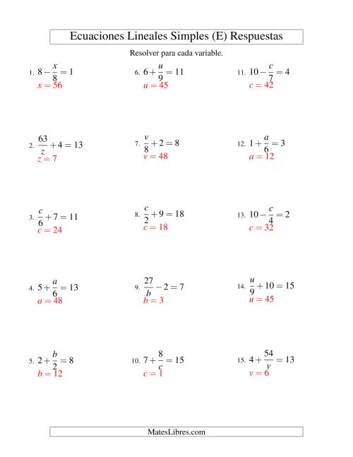 La hoja de ejercicios de Resolver Ecuaciones Lineales de las Formas x/a ± b = c   y   a/x ± b = c sin Valores Negativos (E) Página 2