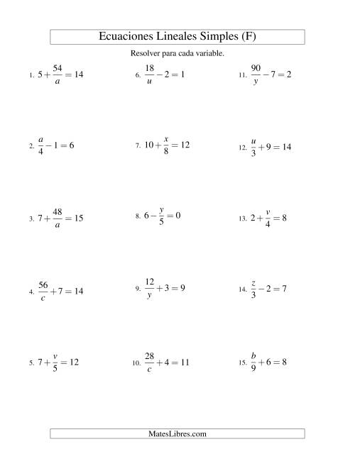 La hoja de ejercicios de Resolver Ecuaciones Lineales de las Formas x/a ± b = c   y   a/x ± b = c sin Valores Negativos (F)