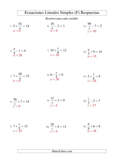La hoja de ejercicios de Resolver Ecuaciones Lineales de las Formas x/a ± b = c   y   a/x ± b = c sin Valores Negativos (F) Página 2