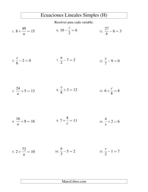 La hoja de ejercicios de Resolver Ecuaciones Lineales de las Formas x/a ± b = c   y   a/x ± b = c sin Valores Negativos (H)