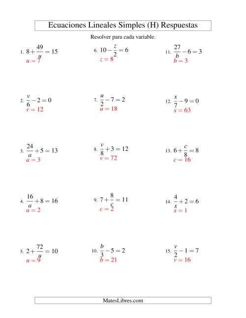 La hoja de ejercicios de Resolver Ecuaciones Lineales de las Formas x/a ± b = c   y   a/x ± b = c sin Valores Negativos (H) Página 2