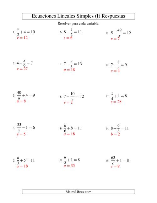 La hoja de ejercicios de Resolver Ecuaciones Lineales de las Formas x/a ± b = c   y   a/x ± b = c sin Valores Negativos (I) Página 2