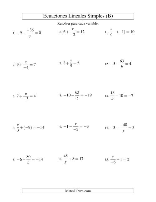 La hoja de ejercicios de Resolver Ecuaciones Lineales de las Formas x/a ± b = c   y   a/x ± b = c con Valores Negativos (B)