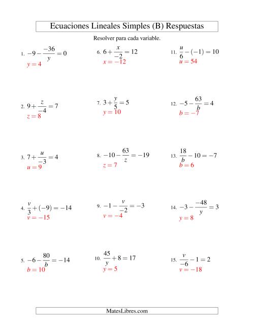 La hoja de ejercicios de Resolver Ecuaciones Lineales de las Formas x/a ± b = c   y   a/x ± b = c con Valores Negativos (B) Página 2