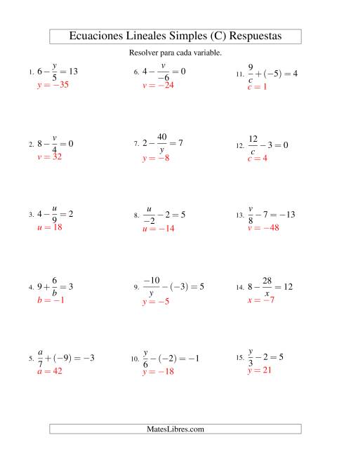 La hoja de ejercicios de Resolver Ecuaciones Lineales de las Formas x/a ± b = c   y   a/x ± b = c con Valores Negativos (C) Página 2