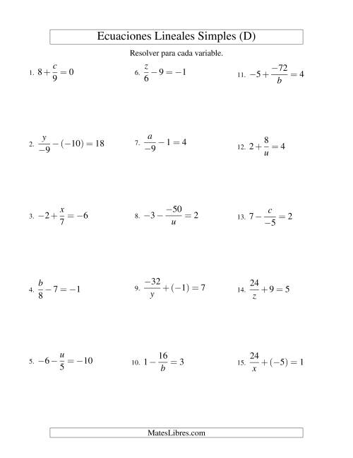 La hoja de ejercicios de Resolver Ecuaciones Lineales de las Formas x/a ± b = c   y   a/x ± b = c con Valores Negativos (D)