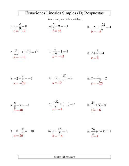 La hoja de ejercicios de Resolver Ecuaciones Lineales de las Formas x/a ± b = c   y   a/x ± b = c con Valores Negativos (D) Página 2