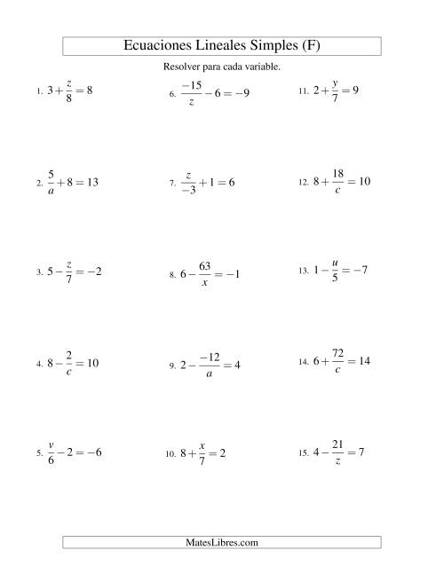 La hoja de ejercicios de Resolver Ecuaciones Lineales de las Formas x/a ± b = c   y   a/x ± b = c con Valores Negativos (F)