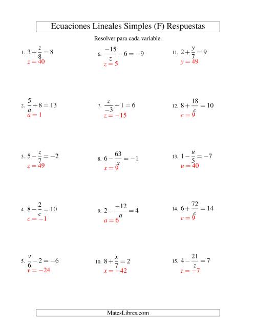 La hoja de ejercicios de Resolver Ecuaciones Lineales de las Formas x/a ± b = c   y   a/x ± b = c con Valores Negativos (F) Página 2