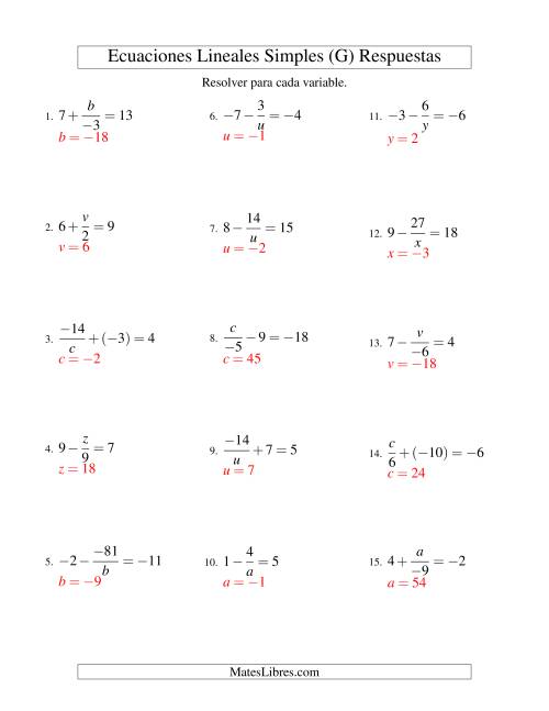La hoja de ejercicios de Resolver Ecuaciones Lineales de las Formas x/a ± b = c   y   a/x ± b = c con Valores Negativos (G) Página 2