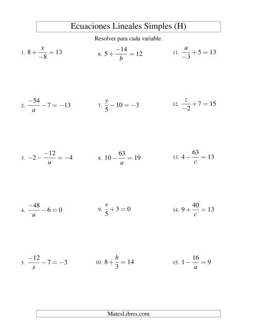La hoja de ejercicios de Resolver Ecuaciones Lineales de las Formas x/a ± b = c   y   a/x ± b = c con Valores Negativos (H)