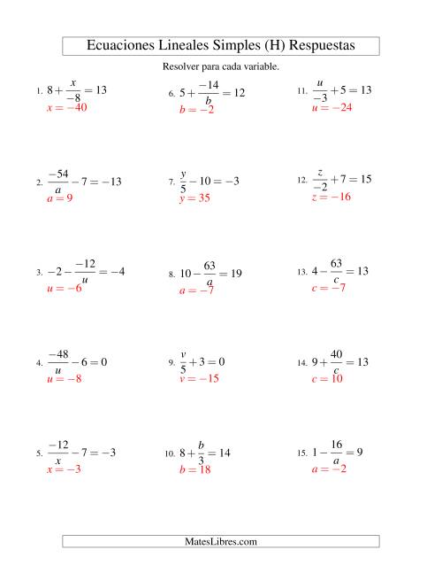 La hoja de ejercicios de Resolver Ecuaciones Lineales de las Formas x/a ± b = c   y   a/x ± b = c con Valores Negativos (H) Página 2