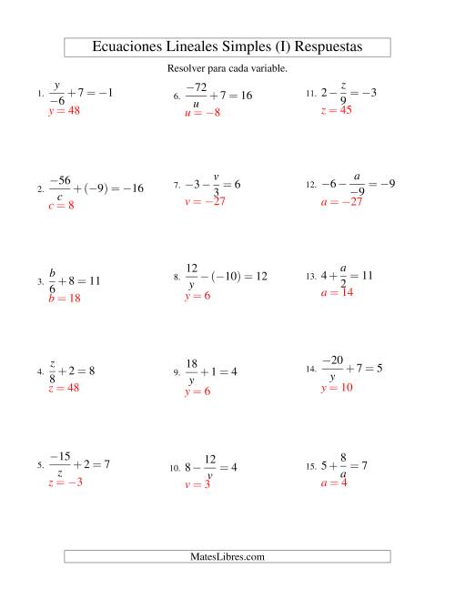 La hoja de ejercicios de Resolver Ecuaciones Lineales de las Formas x/a ± b = c   y   a/x ± b = c con Valores Negativos (I) Página 2