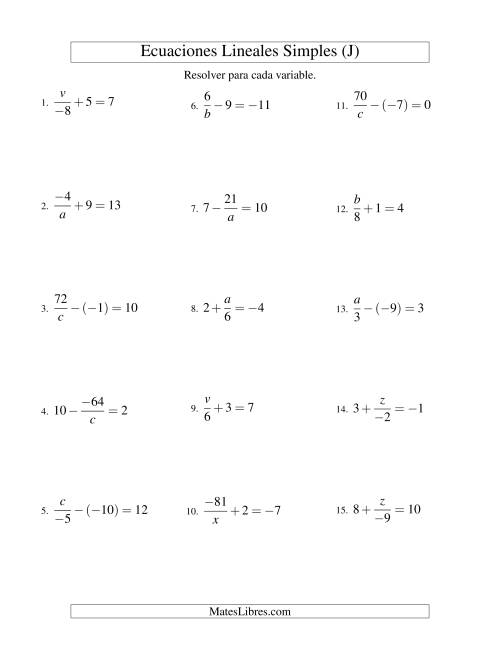 La hoja de ejercicios de Resolver Ecuaciones Lineales de las Formas x/a ± b = c   y   a/x ± b = c con Valores Negativos (J)