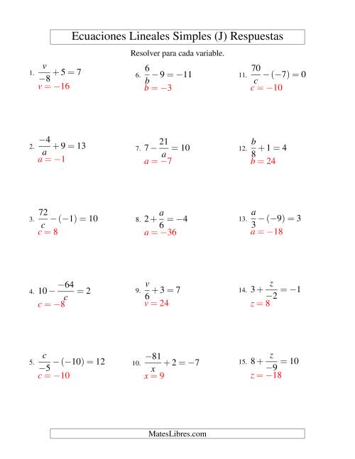 La hoja de ejercicios de Resolver Ecuaciones Lineales de las Formas x/a ± b = c   y   a/x ± b = c con Valores Negativos (J) Página 2
