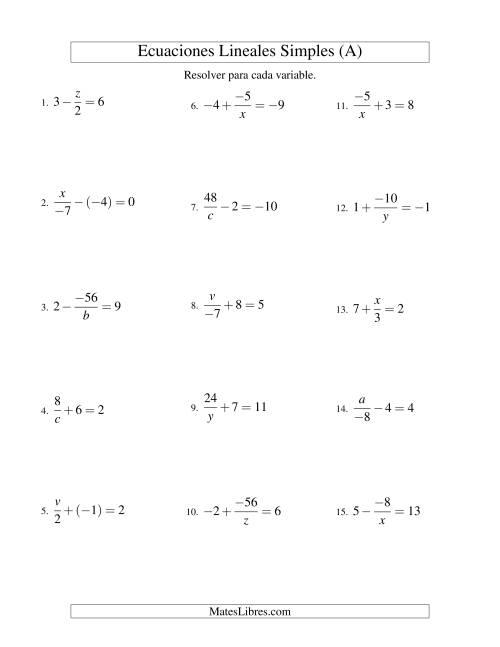 La hoja de ejercicios de Resolver Ecuaciones Lineales de las Formas x/a ± b = c   y   a/x ± b = c con Valores Negativos (Todas)