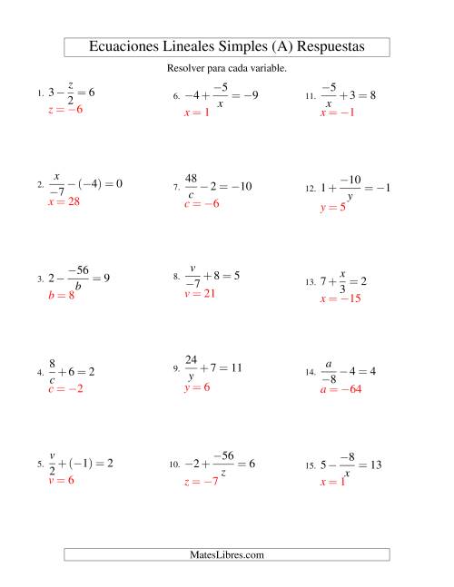La hoja de ejercicios de Resolver Ecuaciones Lineales de las Formas x/a ± b = c   y   a/x ± b = c con Valores Negativos (Todas) Página 2