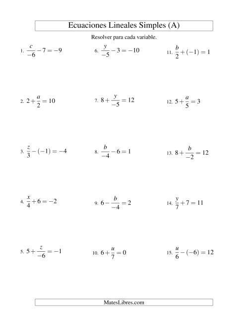 La hoja de ejercicios de Resolver Ecuaciones Lineales de la Forma x/a ± b = c con Valores Negativos (A)