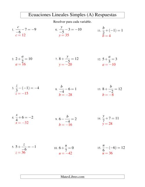 La hoja de ejercicios de Resolver Ecuaciones Lineales de la Forma x/a ± b = c con Valores Negativos (A) Página 2