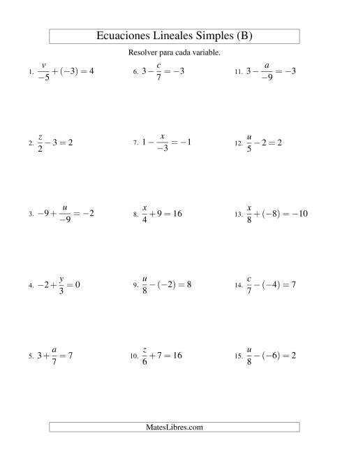 La hoja de ejercicios de Resolver Ecuaciones Lineales de la Forma x/a ± b = c con Valores Negativos (B)