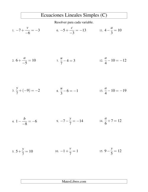 La hoja de ejercicios de Resolver Ecuaciones Lineales de la Forma x/a ± b = c con Valores Negativos (C)