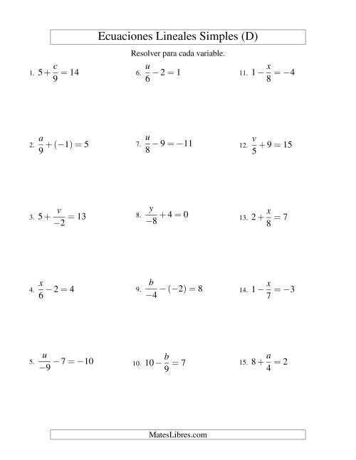 La hoja de ejercicios de Resolver Ecuaciones Lineales de la Forma x/a ± b = c con Valores Negativos (D)