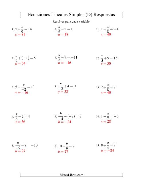 La hoja de ejercicios de Resolver Ecuaciones Lineales de la Forma x/a ± b = c con Valores Negativos (D) Página 2