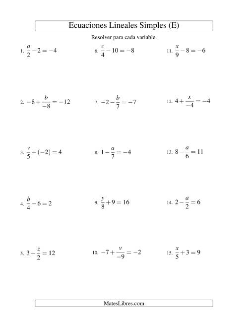 La hoja de ejercicios de Resolver Ecuaciones Lineales de la Forma x/a ± b = c con Valores Negativos (E)